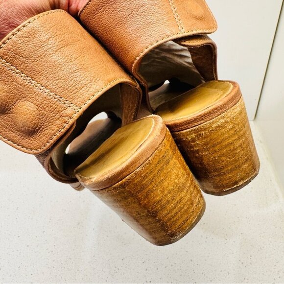 Mimosa Tan Camel Genuine Soft Leather Shoes Peep Toe Stacked Heel Sandals Sz 37 - Picture 15 of 15